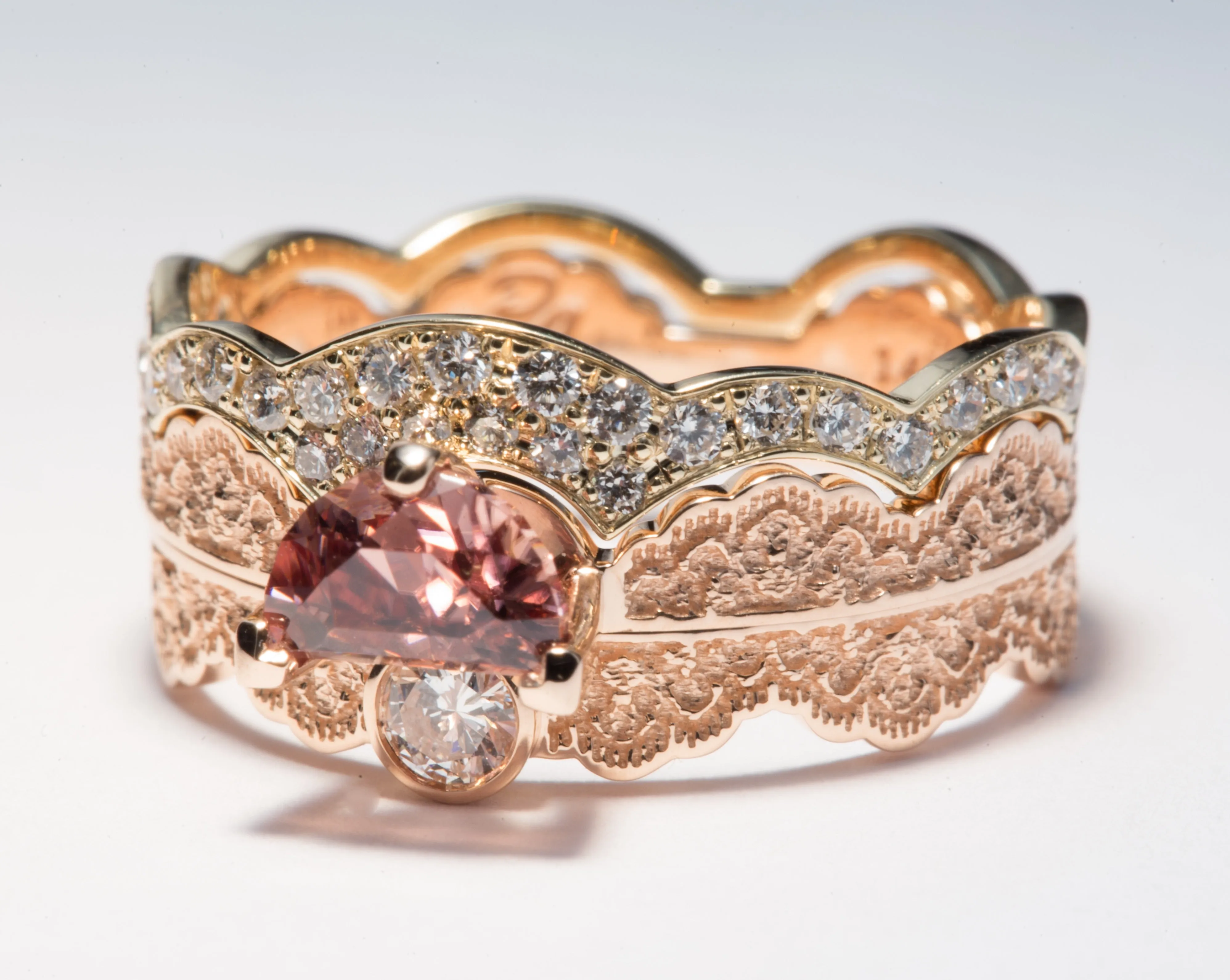 1.25 ct Half Moon Zircon and Diamond Ring Set in 14K Rose and Yellow Gold - Size 8