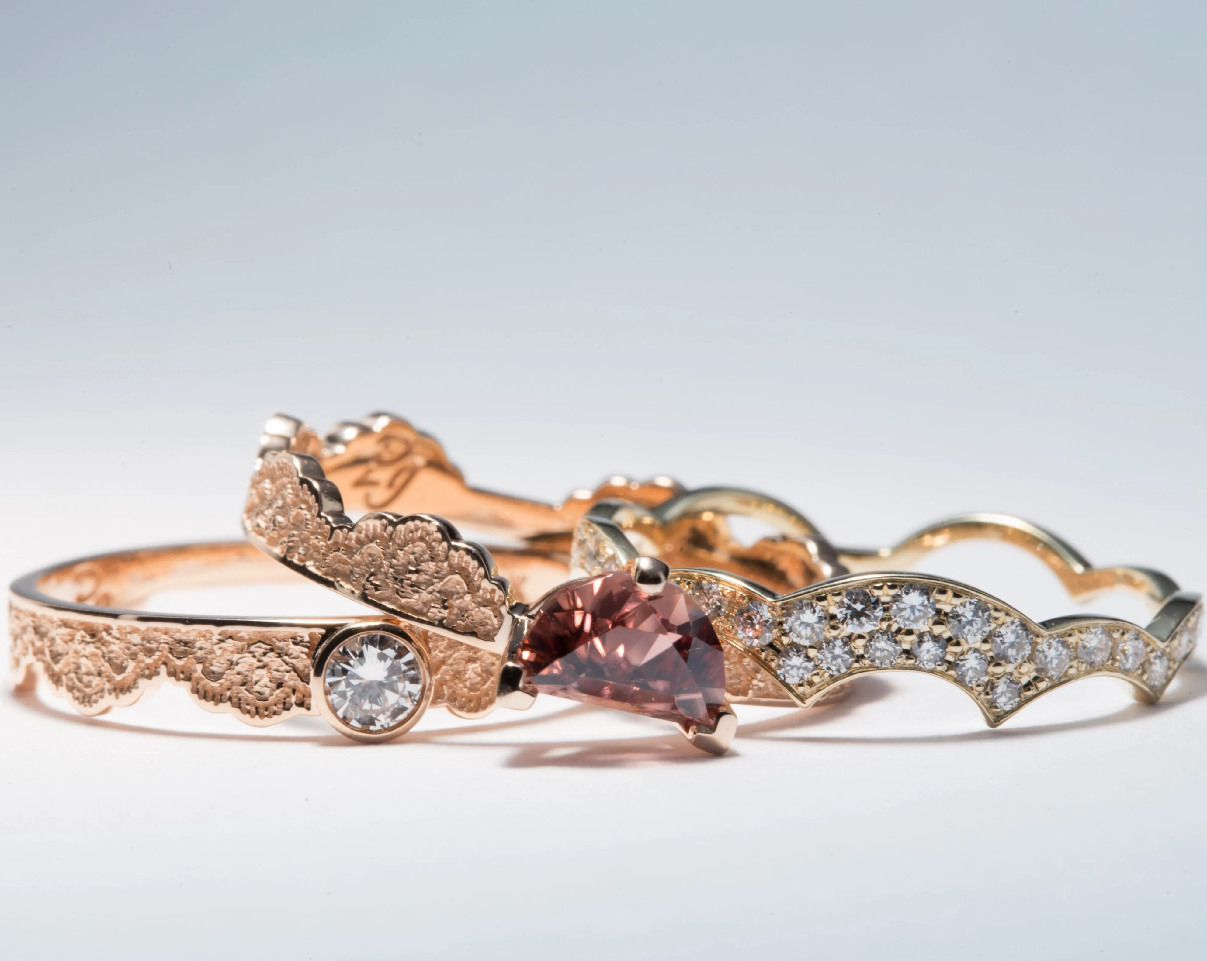1.25 ct Half Moon Zircon and Diamond Ring Set in 14K Rose and Yellow Gold - Size 8