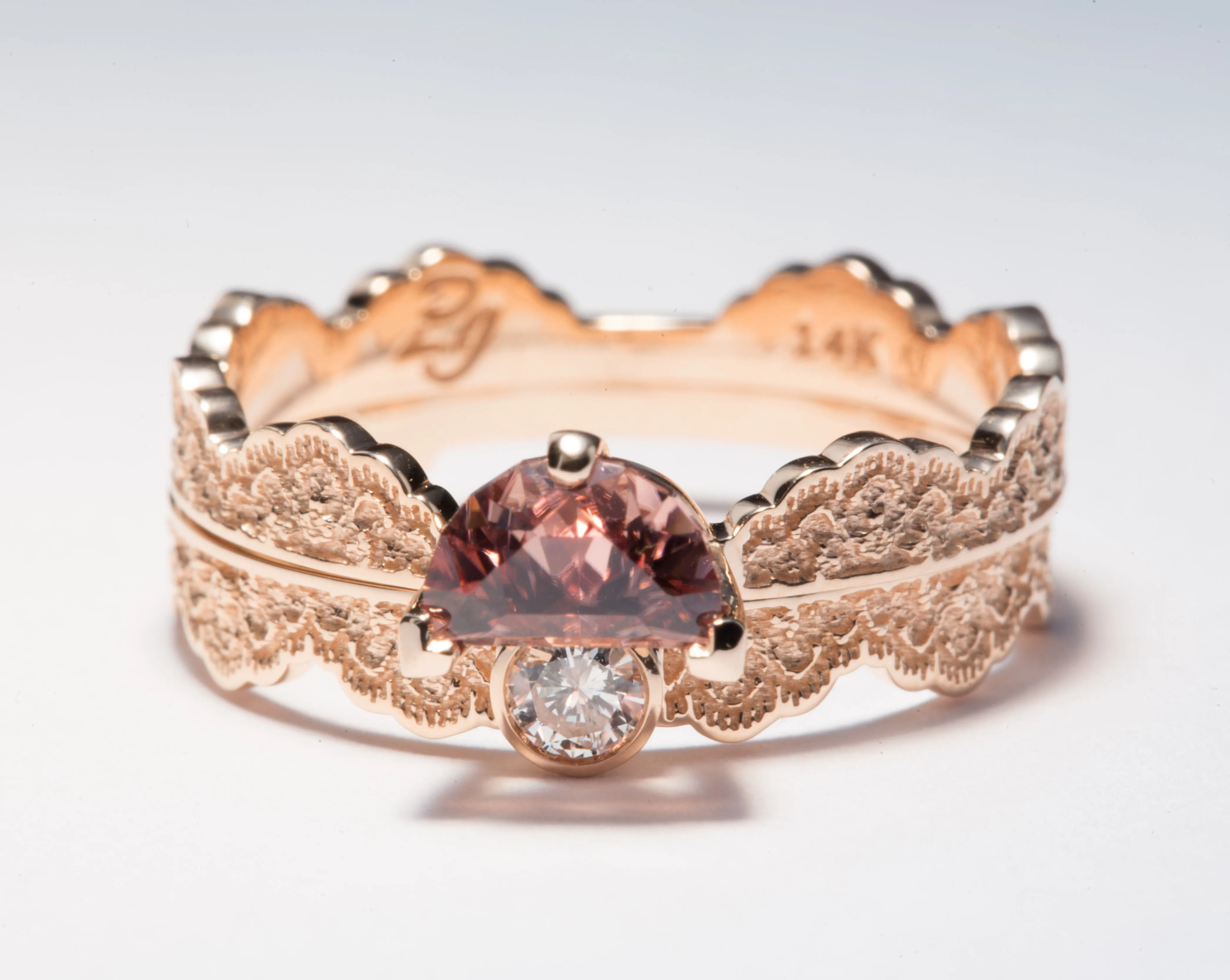 1.25 ct Half Moon Zircon and Diamond Ring Set in 14K Rose and Yellow Gold - Size 8