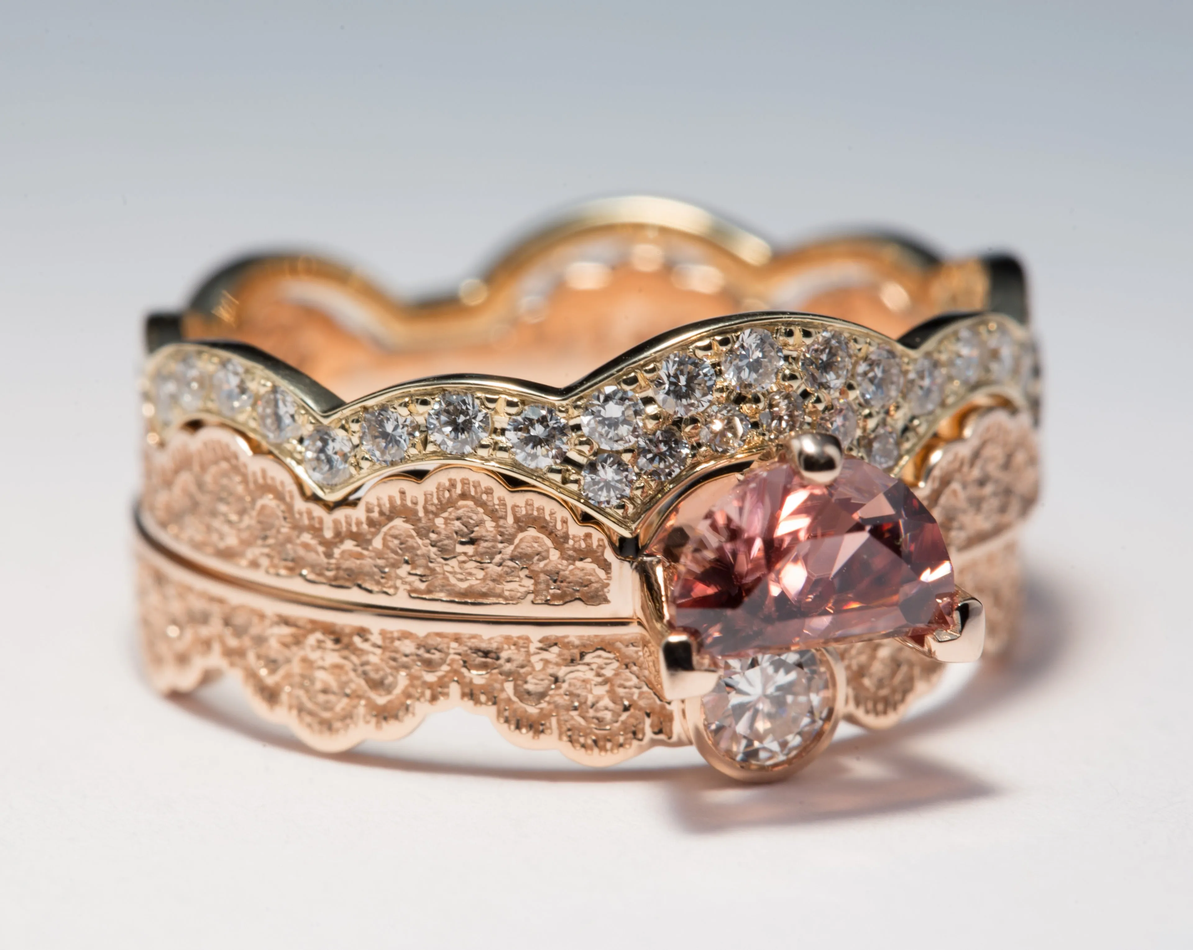 1.25 ct Half Moon Zircon and Diamond Ring Set in 14K Rose and Yellow Gold - Size 8