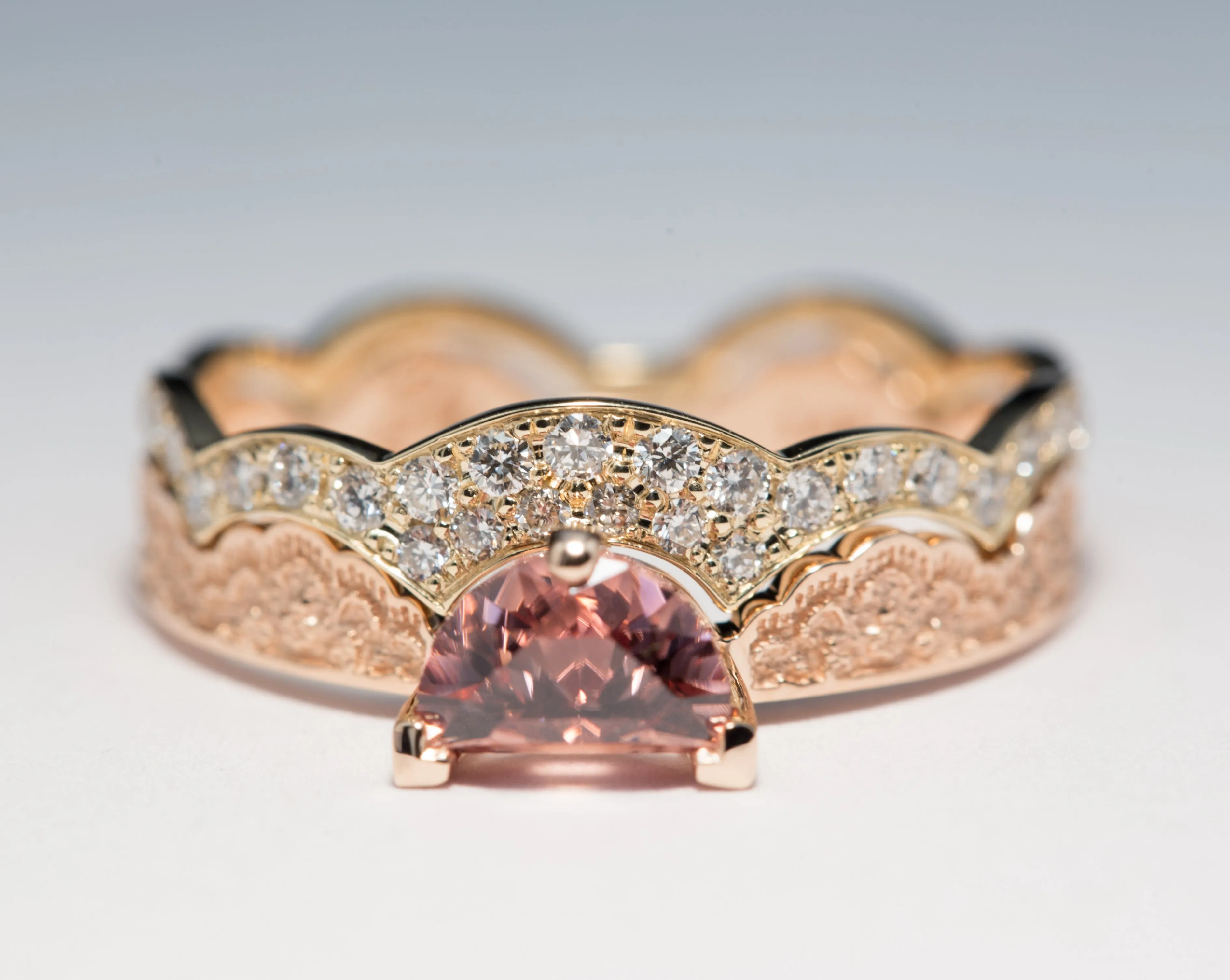 1.25 ct Half Moon Zircon and Diamond Ring Set in 14K Rose and Yellow Gold - Size 8