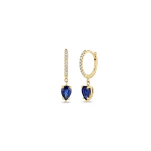 14k Medium Pavé Diamond Hinge Huggie Hoops with Pear Blue Sapphires