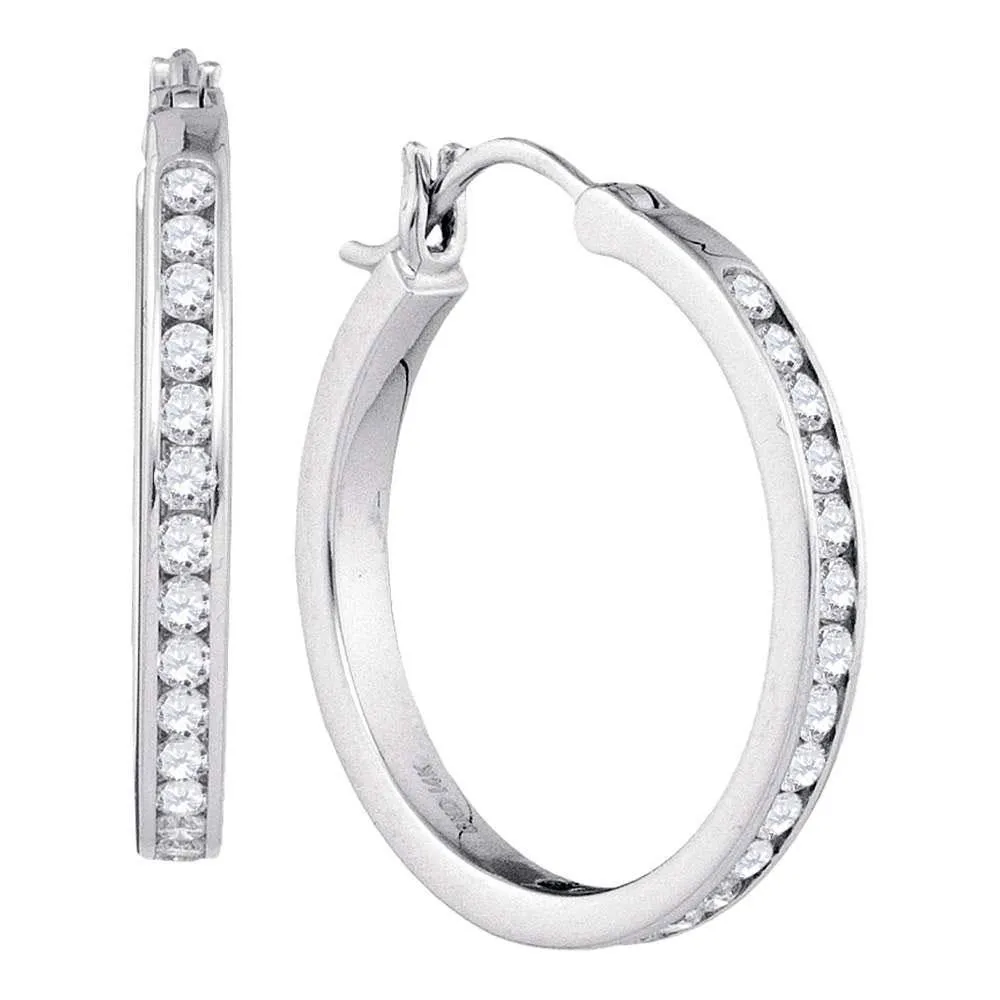 14K White Gold Round Diamond Hoop Snap-down Post Earrings 1.00 Cttw