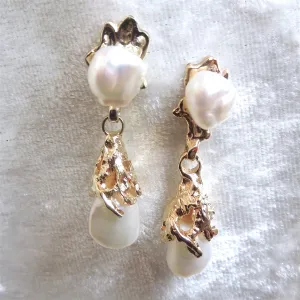 14K Yellow Gold Pearl Nugget Drop Earrings