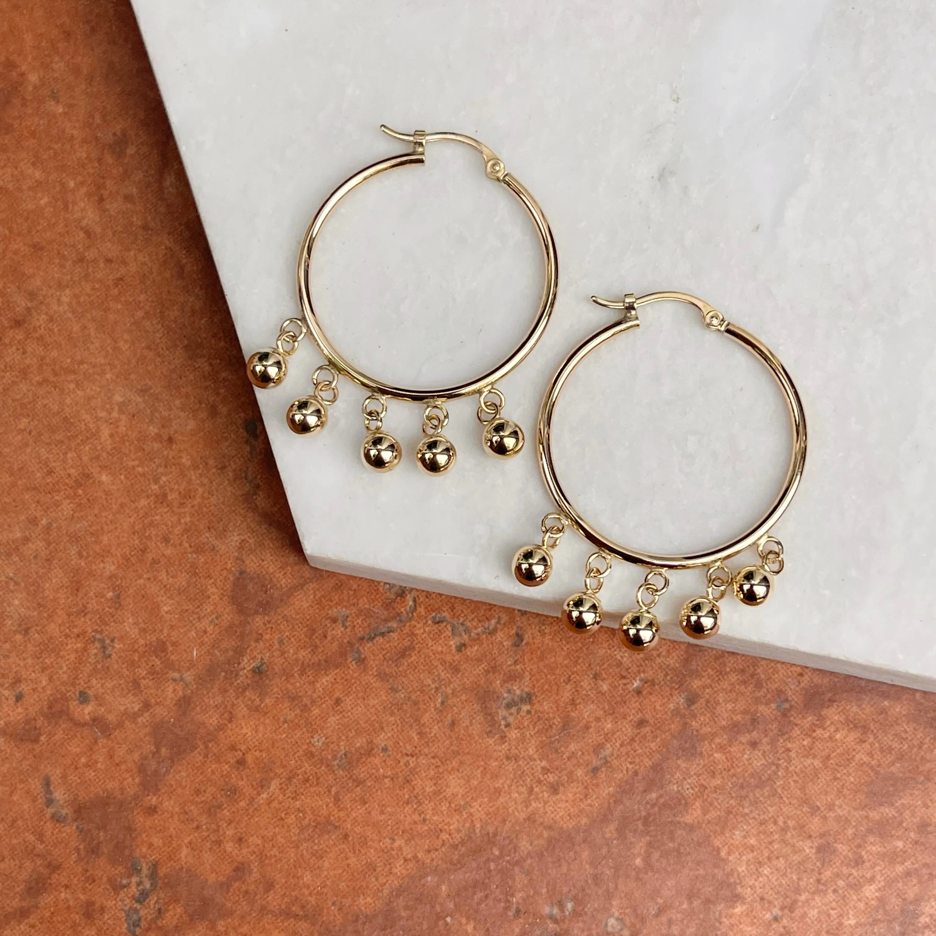 14KT Yellow Gold Ball Dangles Round Hoop Earrings 25mm