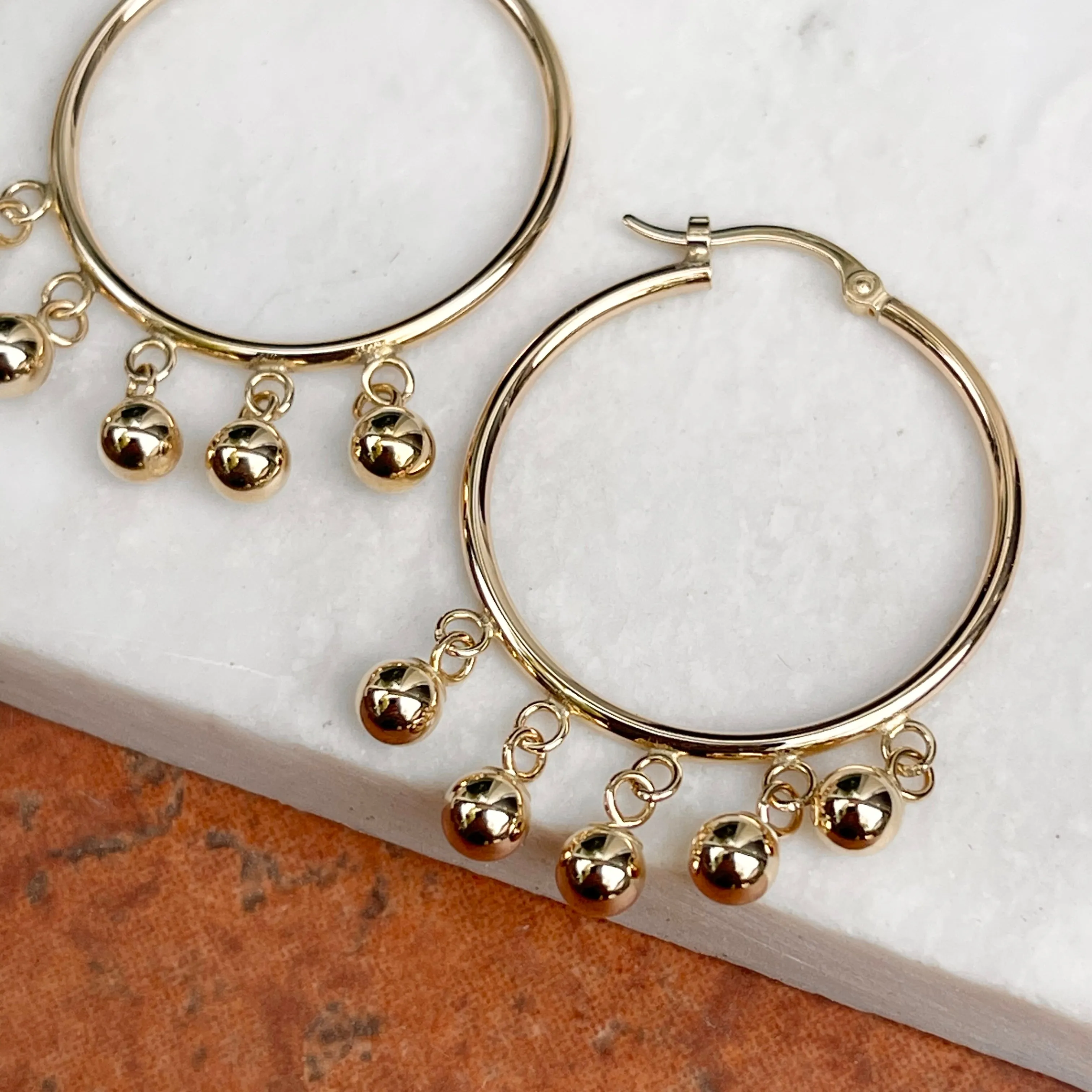 14KT Yellow Gold Ball Dangles Round Hoop Earrings 25mm