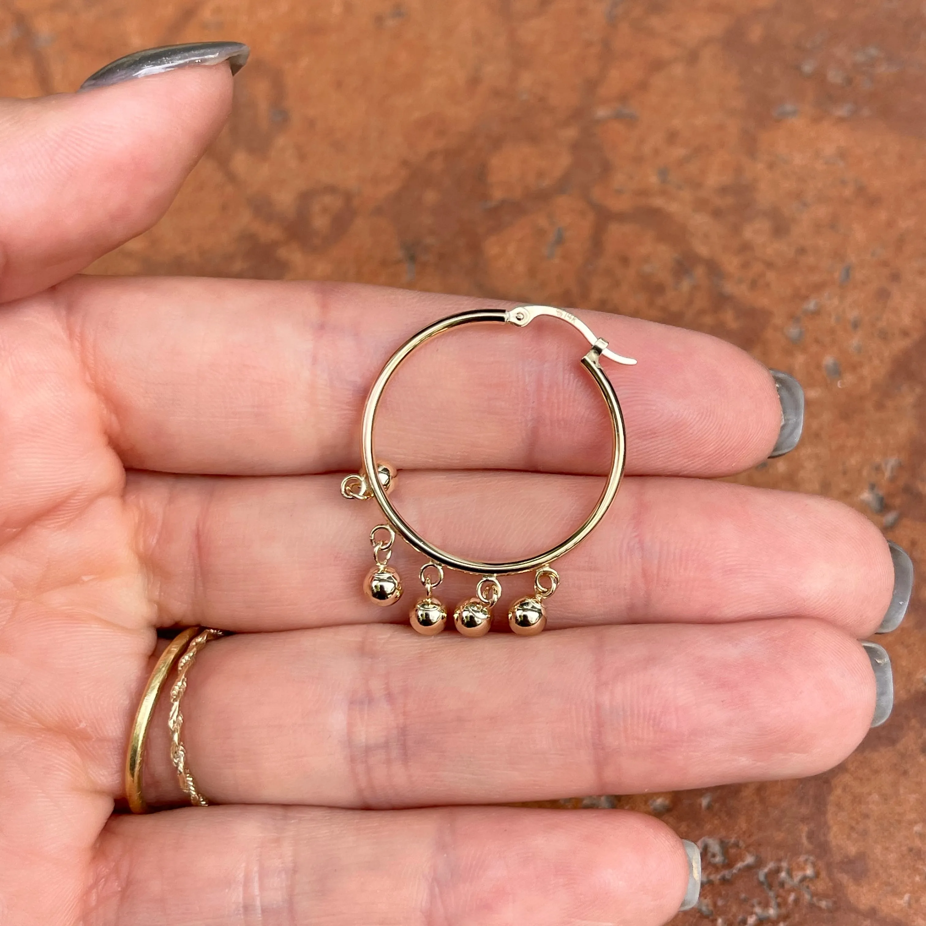 14KT Yellow Gold Ball Dangles Round Hoop Earrings 25mm