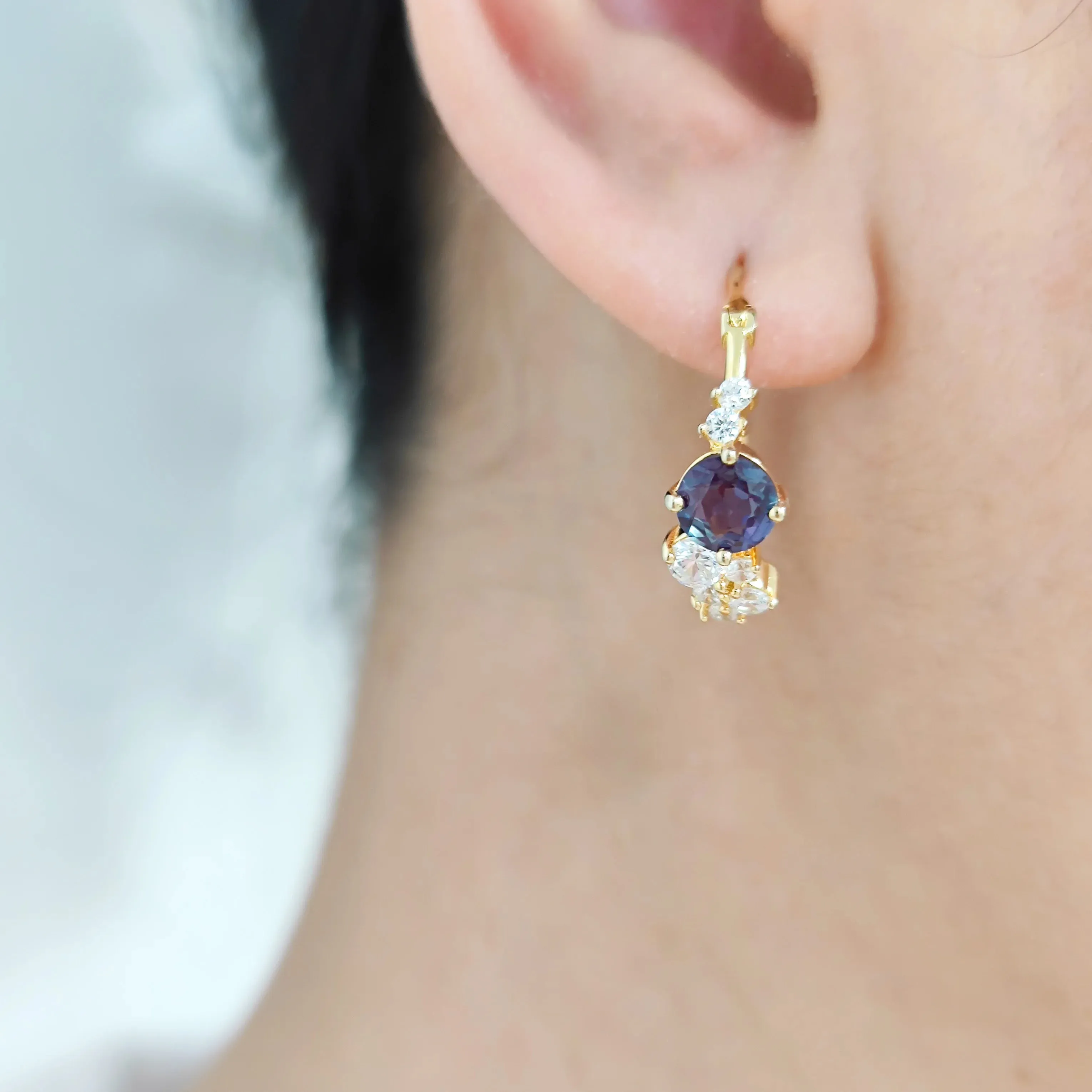 18K White & Yellow Gold Plated 925 Sterling Silver 6mm Lab Alexandrite Hoop Earrings