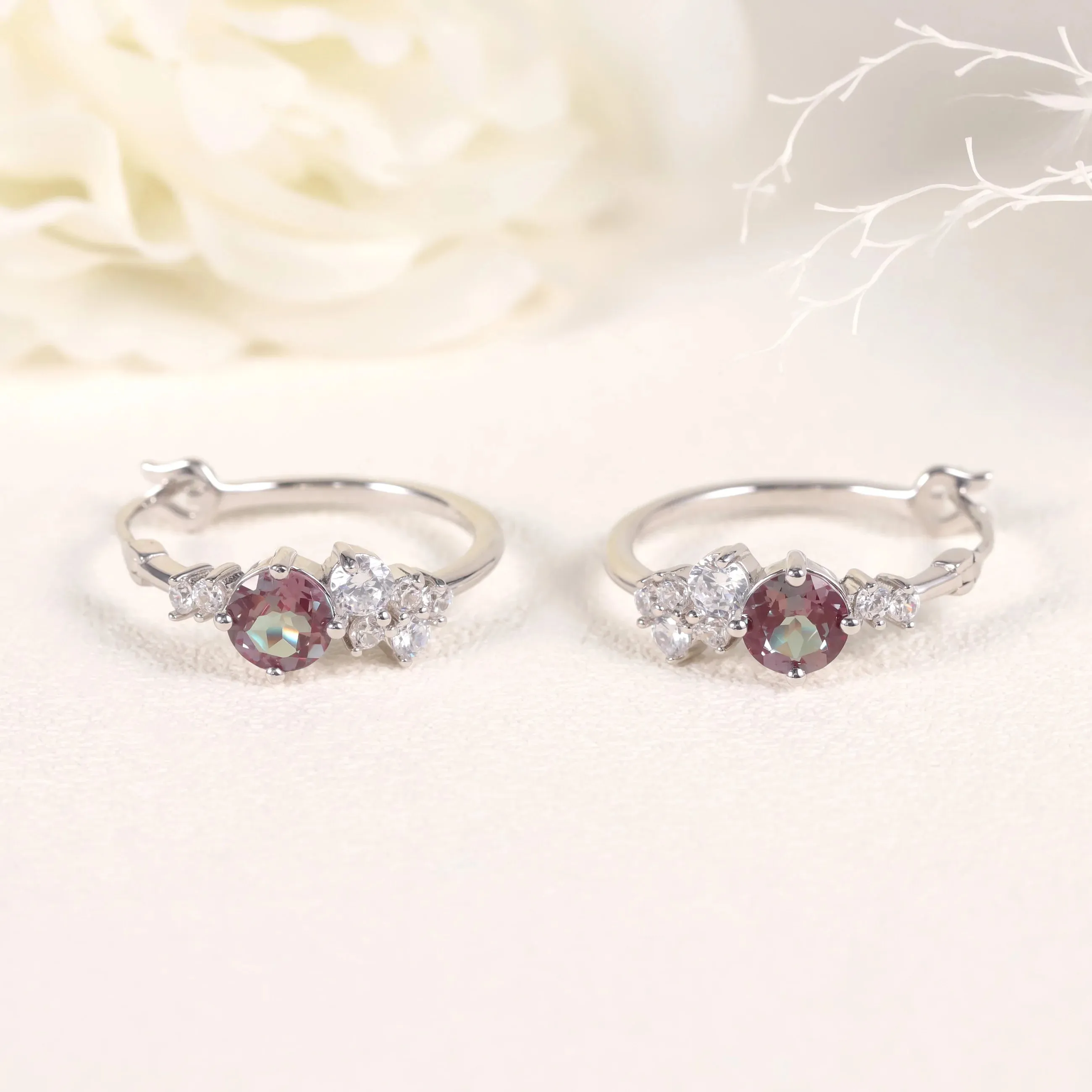 18K White & Yellow Gold Plated 925 Sterling Silver 6mm Lab Alexandrite Hoop Earrings
