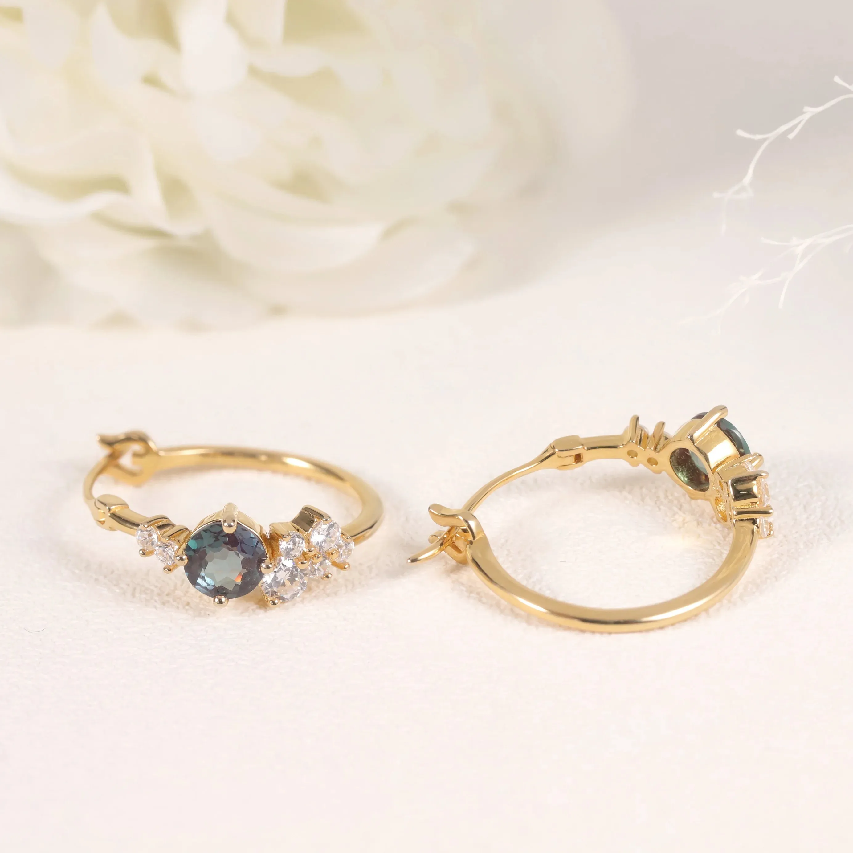 18K White & Yellow Gold Plated 925 Sterling Silver 6mm Lab Alexandrite Hoop Earrings