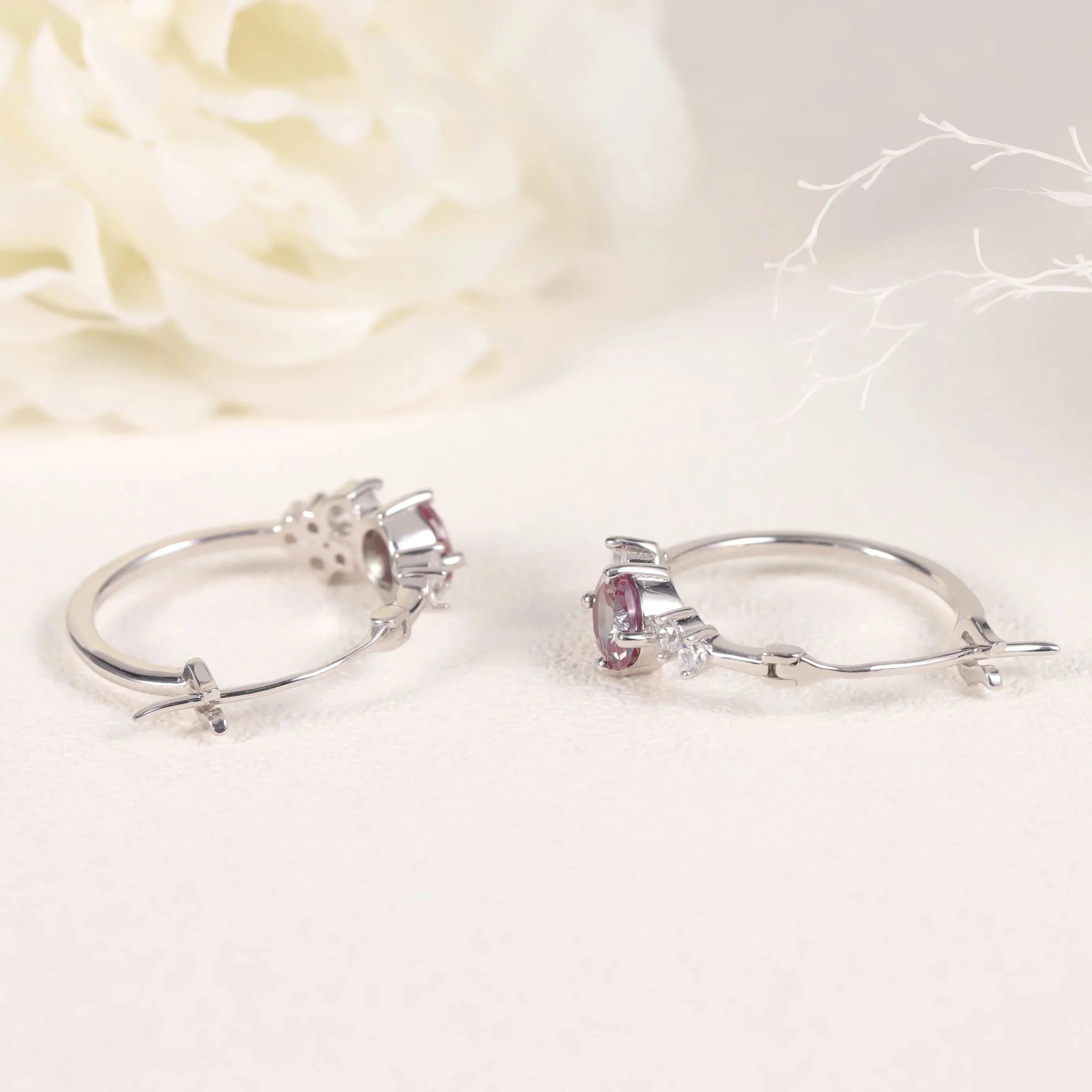 18K White & Yellow Gold Plated 925 Sterling Silver 6mm Lab Alexandrite Hoop Earrings