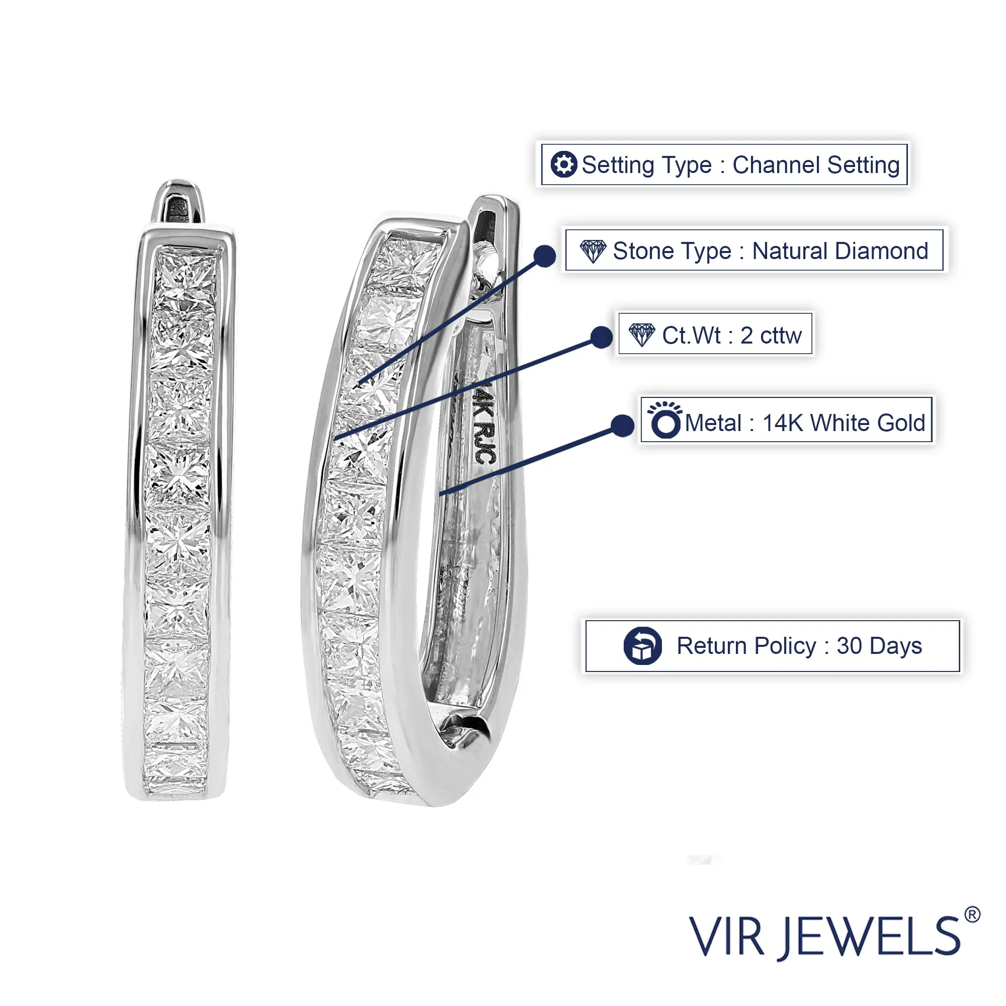2 cttw Princess Diamond Channel Hoop Earrings in 14K Gold