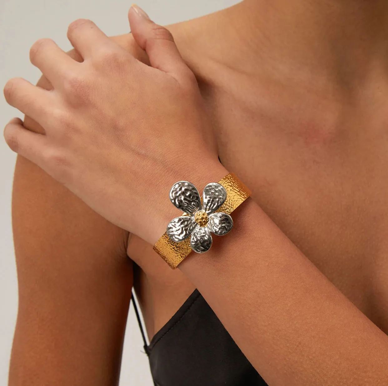 2-Tone Floral Adjustable Cuff Bracelet