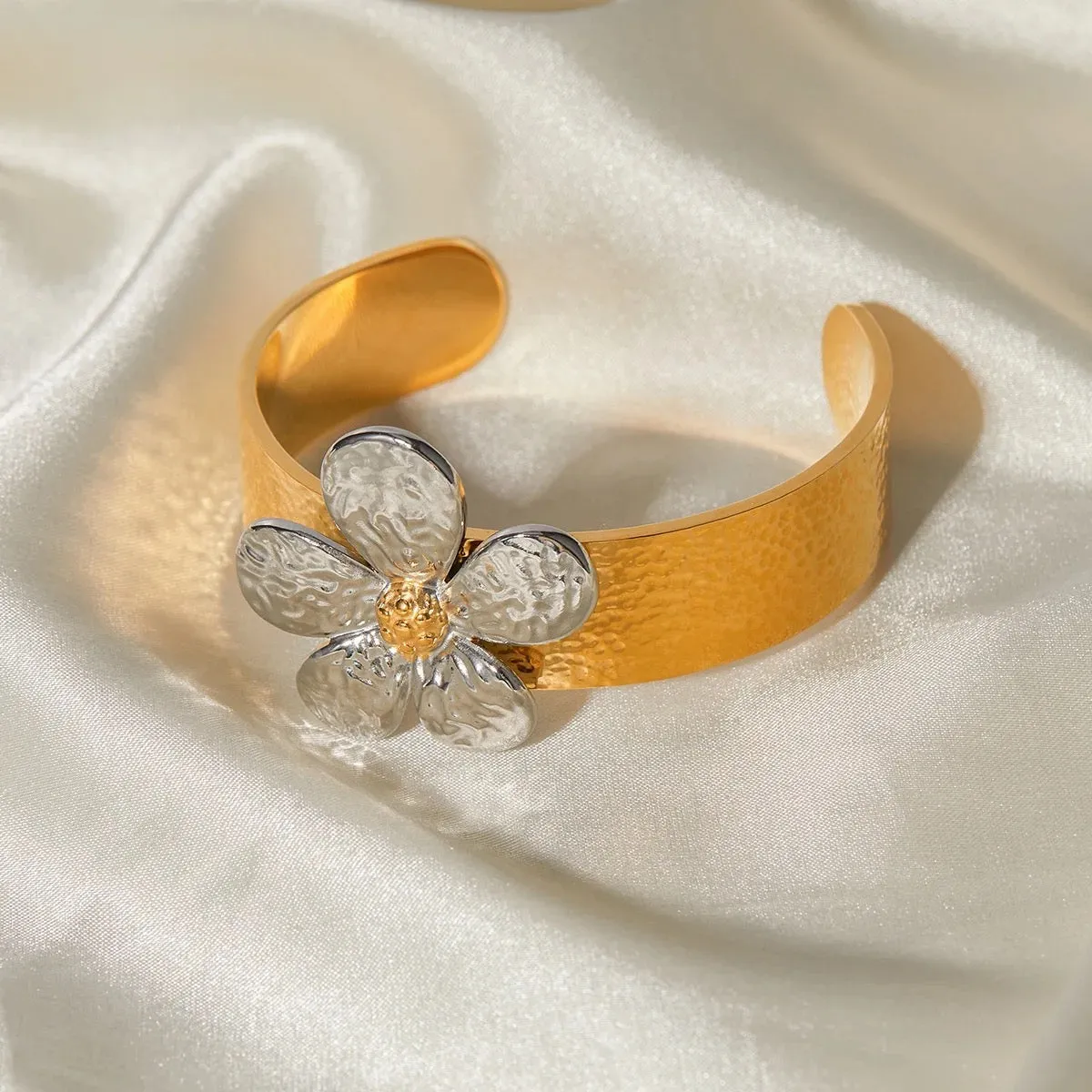 2-Tone Floral Adjustable Cuff Bracelet