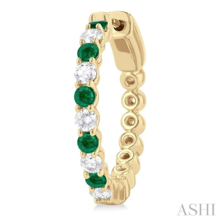 2.4 MM Round Cut Emerald and 5/8 ctw Round Cut Diamond Precious Hoop Earring in 14K Yellow Gold