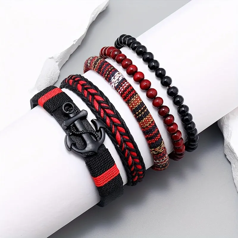 4pcs Y2K Handwoven Boho Faux Leather Bracelet Layer Bracelet