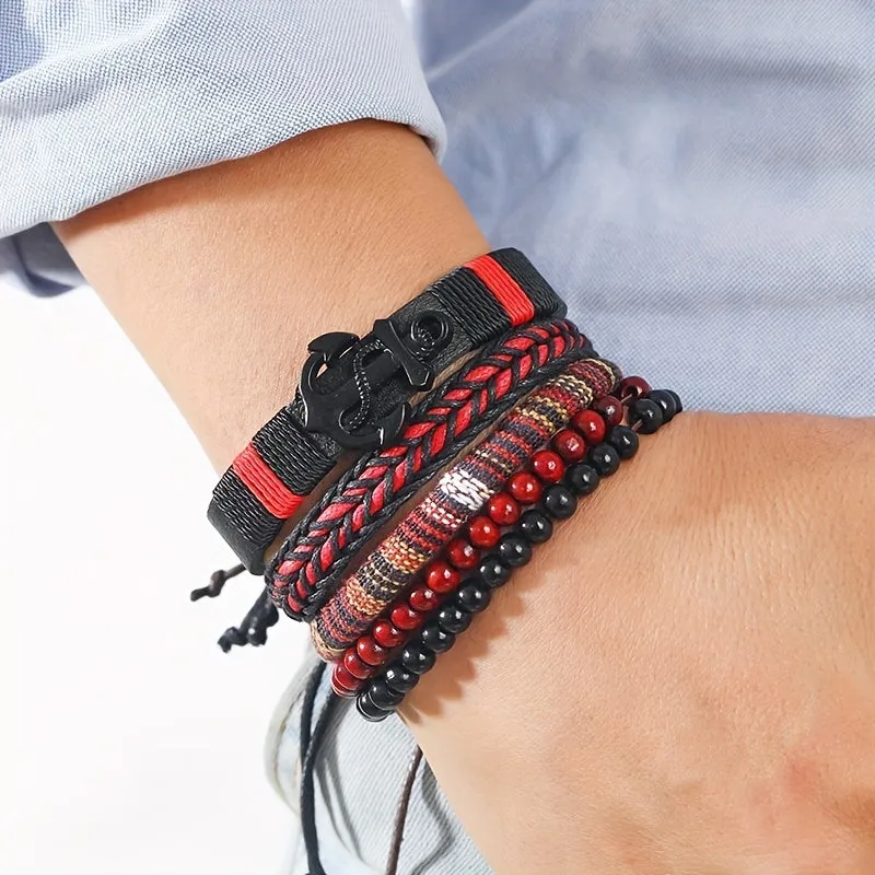 4pcs Y2K Handwoven Boho Faux Leather Bracelet Layer Bracelet