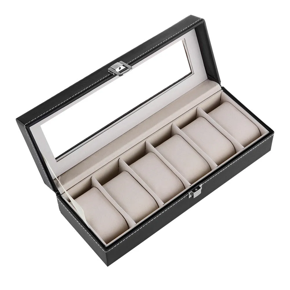6 Slot Watch Box Large Leather Watch Display Case Glass Top Organizer