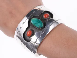 6.5" Vintage Navajo Stamped silver shadowbox bracelet with turquoise and coral