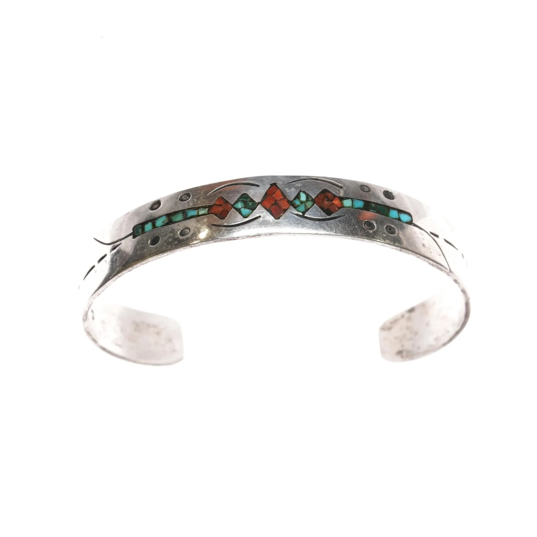 6.625" C Navajo vintage Chip inlay sterling cuff bracelet