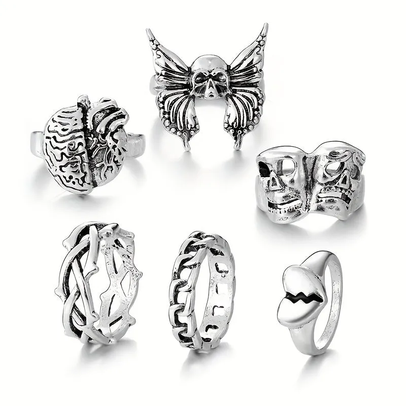 6pcs Dark Retro Men's Stacking Rings Skull Mask Brain Heart Butterfly Chain Ring