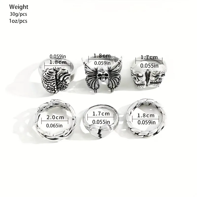 6pcs Dark Retro Men's Stacking Rings Skull Mask Brain Heart Butterfly Chain Ring
