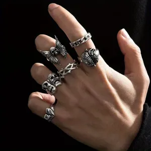 6pcs Dark Retro Men's Stacking Rings Skull Mask Brain Heart Butterfly Chain Ring