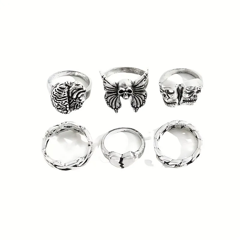6pcs Dark Retro Men's Stacking Rings Skull Mask Brain Heart Butterfly Chain Ring