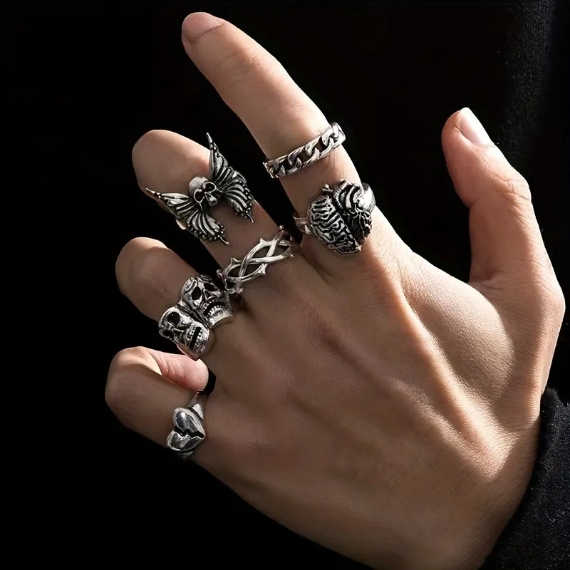 6pcs Dark Retro Men's Stacking Rings Skull Mask Brain Heart Butterfly Chain Ring