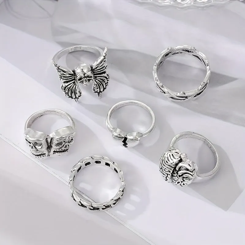 6pcs Dark Retro Men's Stacking Rings Skull Mask Brain Heart Butterfly Chain Ring