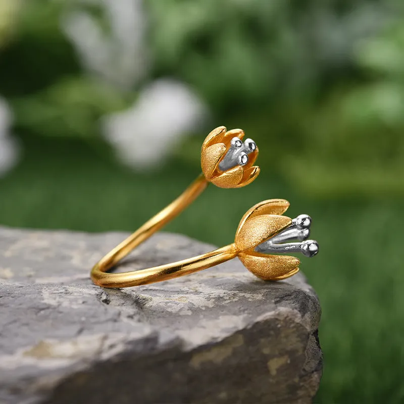 925 Silver Color Separation Flower Toi et Moi Ring
