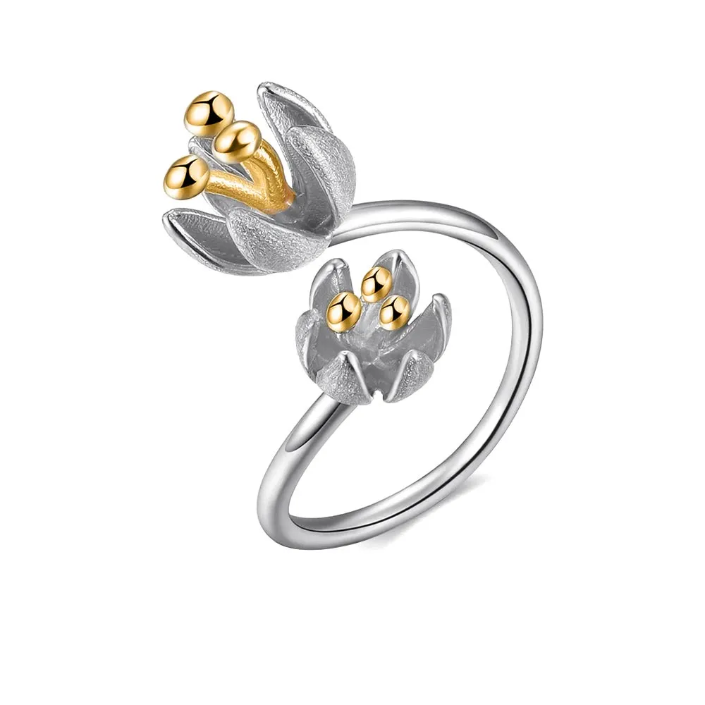 925 Silver Color Separation Flower Toi et Moi Ring
