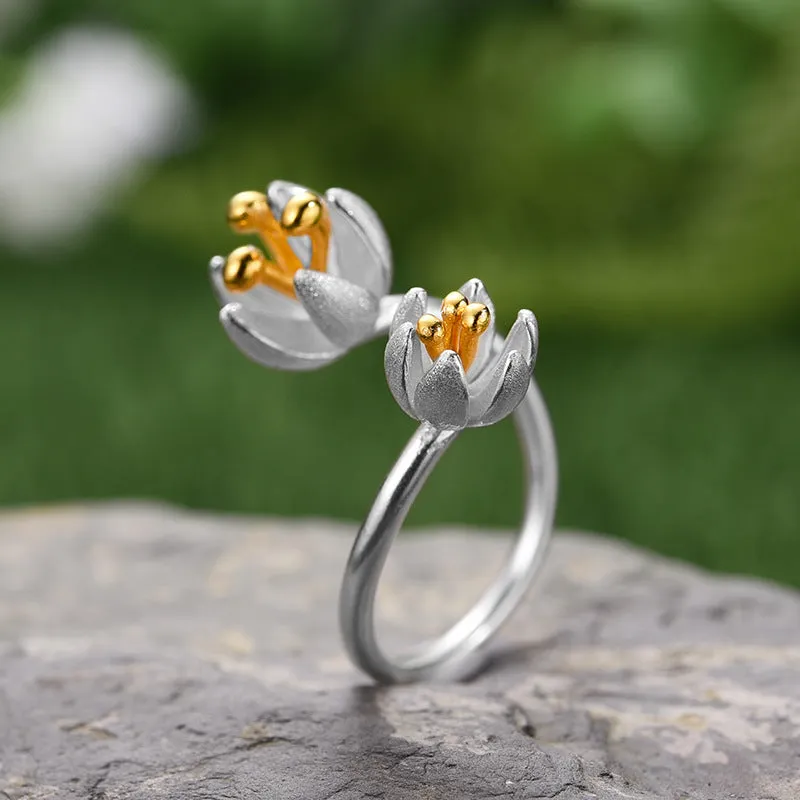 925 Silver Color Separation Flower Toi et Moi Ring