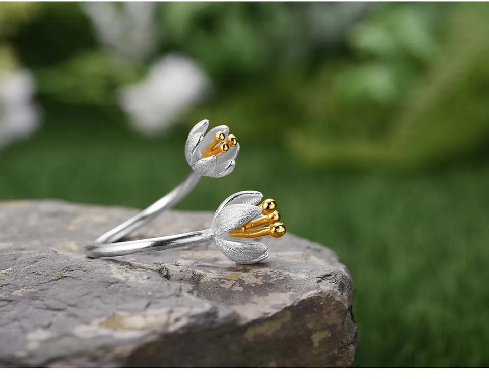 925 Silver Color Separation Flower Toi et Moi Ring