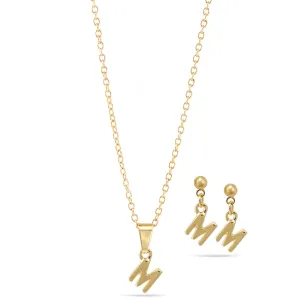 ALPHABET "M" GOLD SMALL PENDANT SHORT NECKLACE AND EARRINGS SET #SWKK-11768MGLD (TB9)