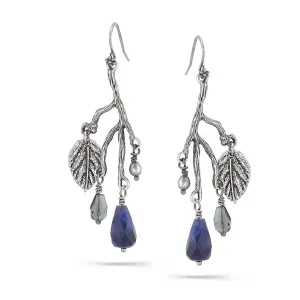 ANTIQUE SILVER LEAF BLUE STONE DROP  EARRINGS #151BL3101 (5F9)