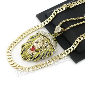 BIG KING LION CHARM ROPE CHAIN DIAMOND CUT 30" CUBAN CHAIN NECKLACE 54