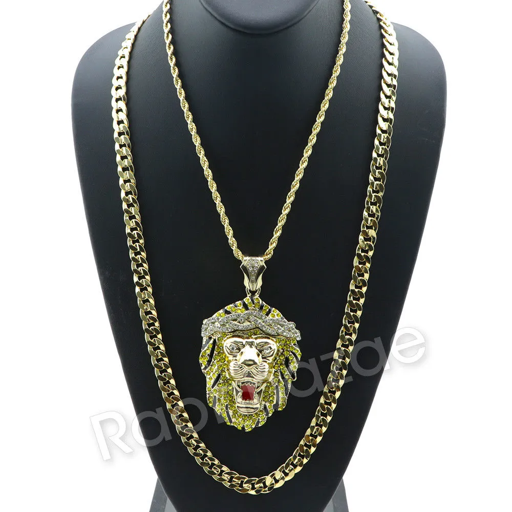 BIG KING LION CHARM ROPE CHAIN DIAMOND CUT 30" CUBAN CHAIN NECKLACE 54