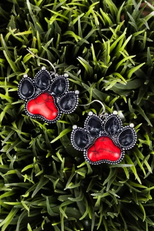 Black and Red Silvertone Paw Print Earrings