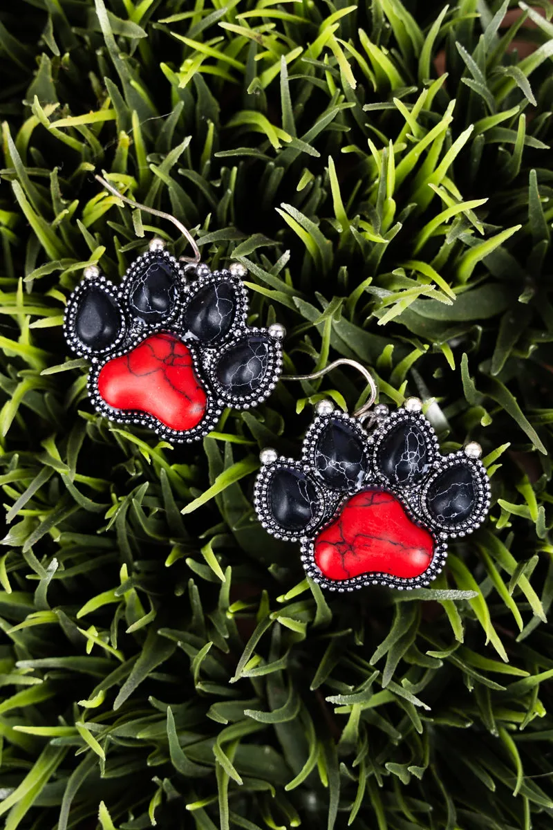 Black and Red Silvertone Paw Print Earrings