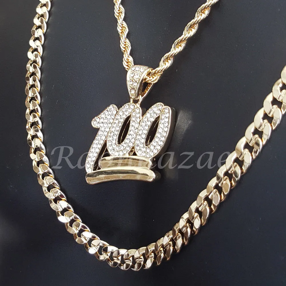 BLING 100 CHARM ROPE CHAIN DIAMOND CUT 30" CUBAN CHAIN NECKLACE SET G32