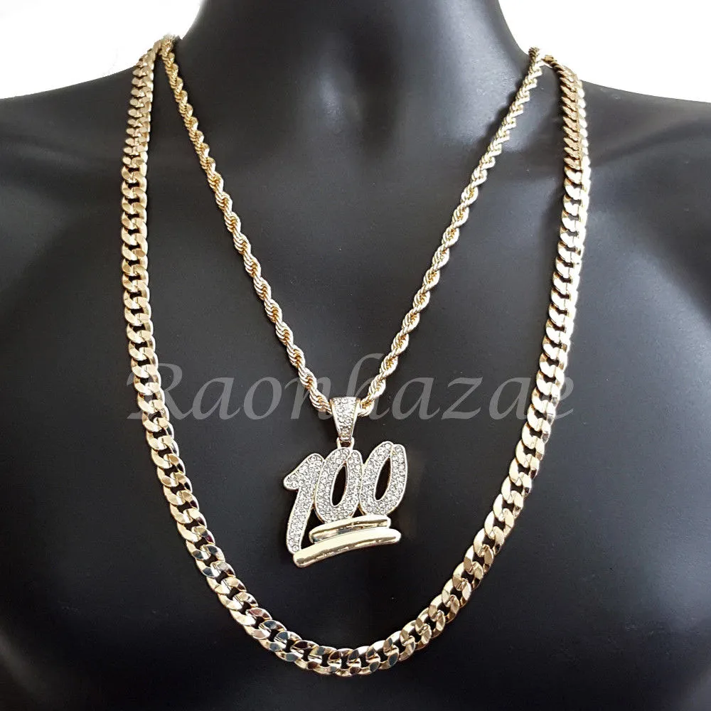 BLING 100 CHARM ROPE CHAIN DIAMOND CUT 30" CUBAN CHAIN NECKLACE SET G32