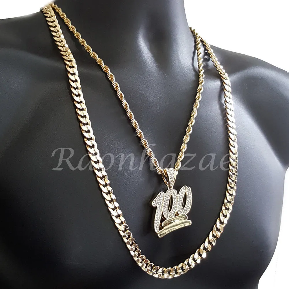 BLING 100 CHARM ROPE CHAIN DIAMOND CUT 30" CUBAN CHAIN NECKLACE SET G32