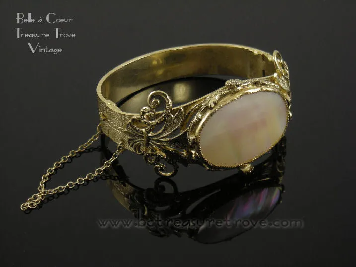 Bracelet Hinged Cuff Whiting & Davis Goldtone Mother of Pearl Vintage
