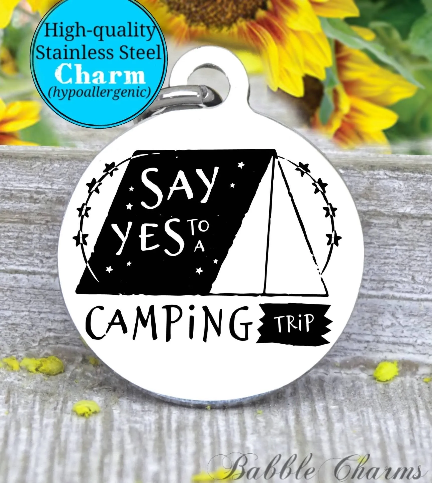 Camping trip, camping charm, adventure charm, explore charm, Steel charm 20mm very high quality..Perfect for DIY projects