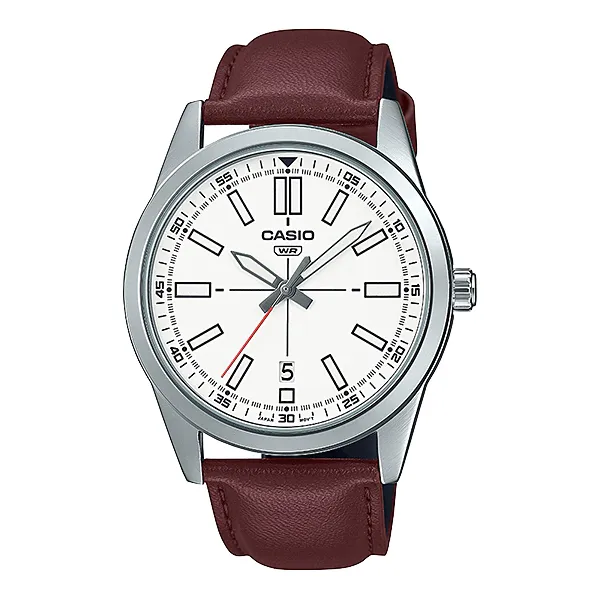 Casio Brown Leather Strap White Dial Quartz Watch for Gents - MTP-VD02L-7EUDF