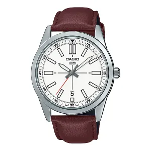 Casio Brown Leather Strap White Dial Quartz Watch for Gents - MTP-VD02L-7EUDF