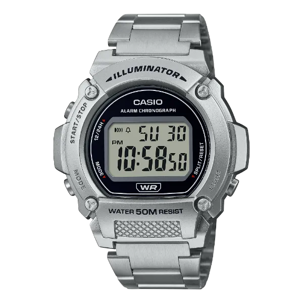 Casio Silver Stainless Steel Black Dial Quartz Watch for Gents - W-219HD-1AVDF