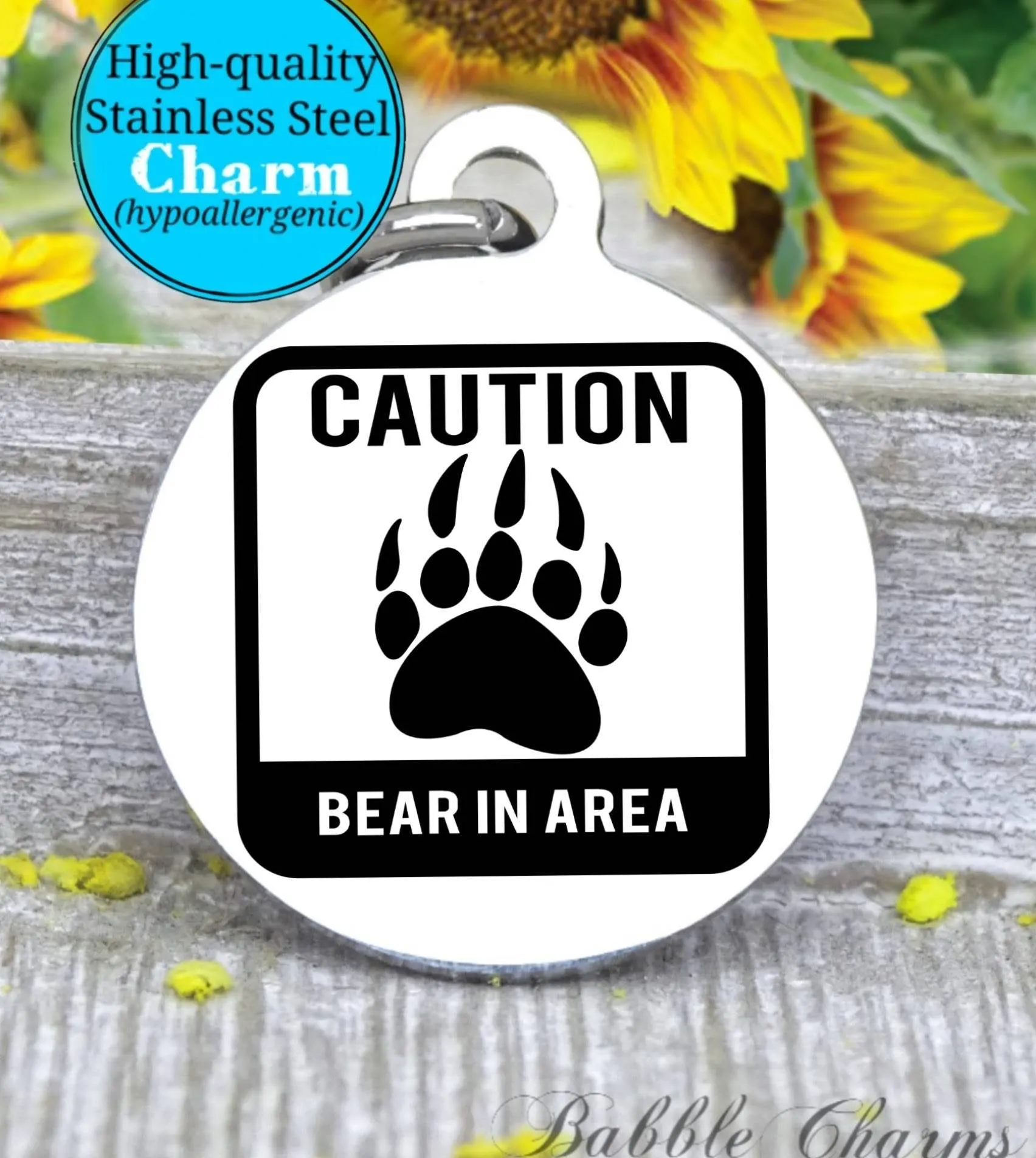 Caution, bear, bear charm, exploring charm, Steel charm 20mm very high quality..Perfect for DIY projects