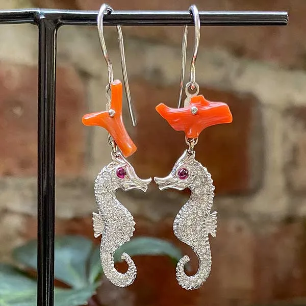 Coral, Ruby, & Diamond Pave Seahorse Earrings, RBC 0.56ctw.